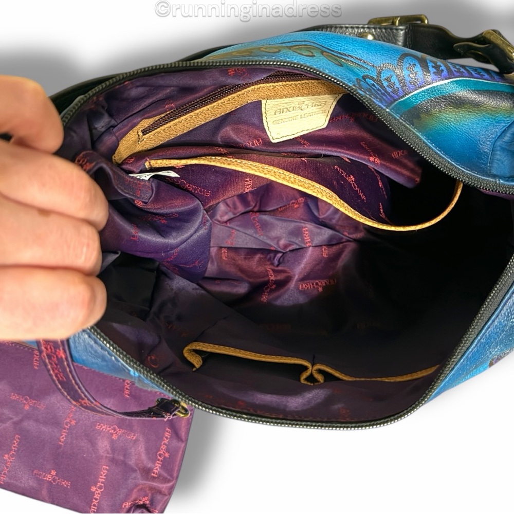 NEW Anuschka Hand Painted Large Multi Pocket Hobo Handbag Denim Paisley Floral - Picture 14 of 16